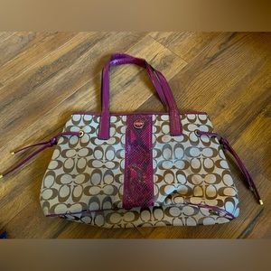 Magenta snake skin tan coach shoulder purse
